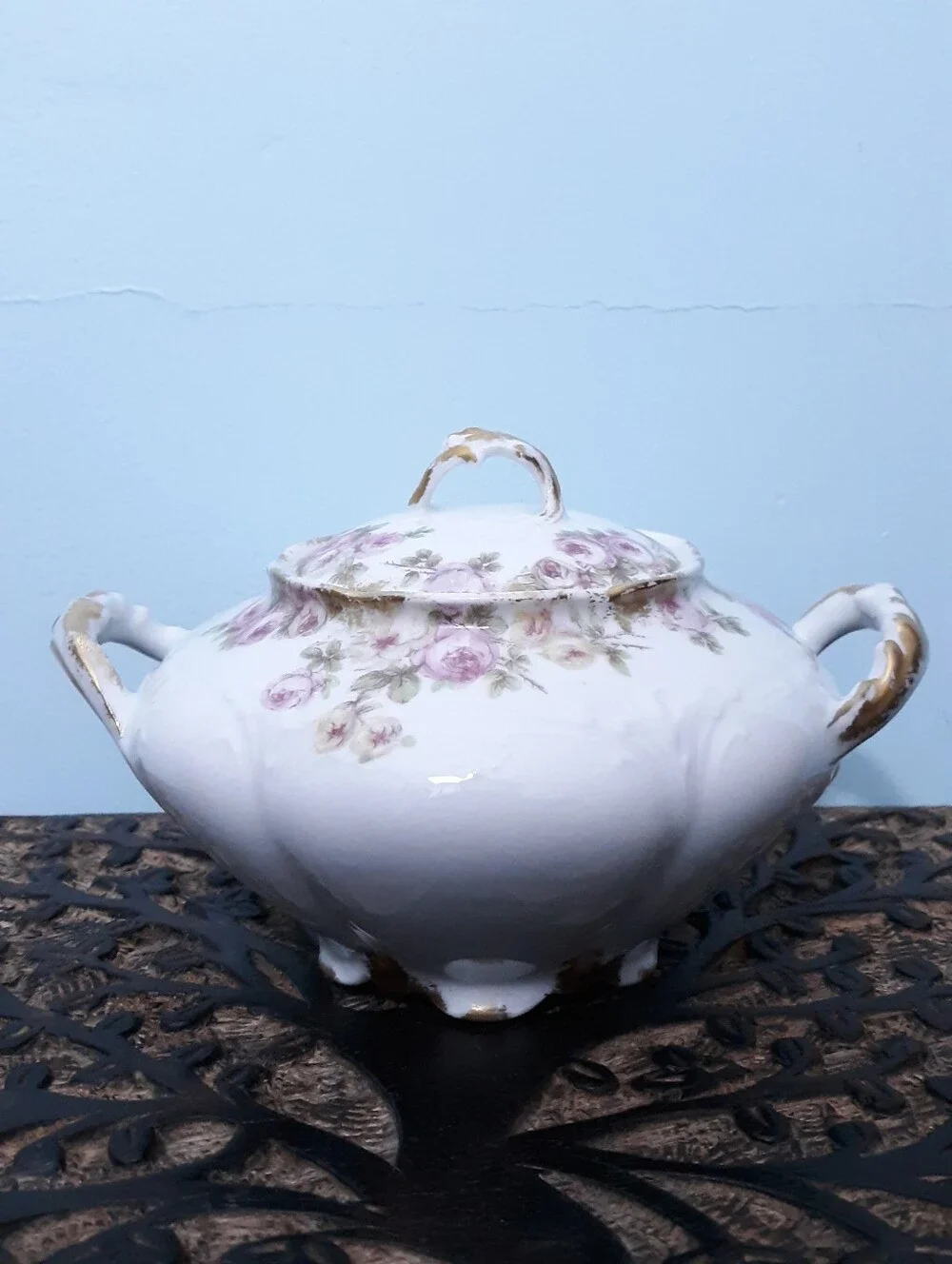 Ca 1900 GDA Charles Field Limoges Sugar Bowl Rose Spray Pink White Gold Floral